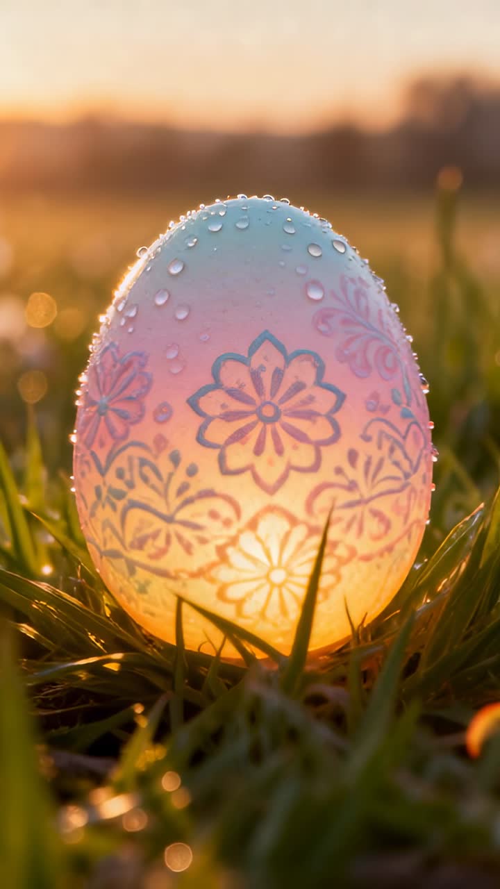 Vertical video: Backlighting by golden-hour sun warming etched egg at meadow edge, showing dewdrops