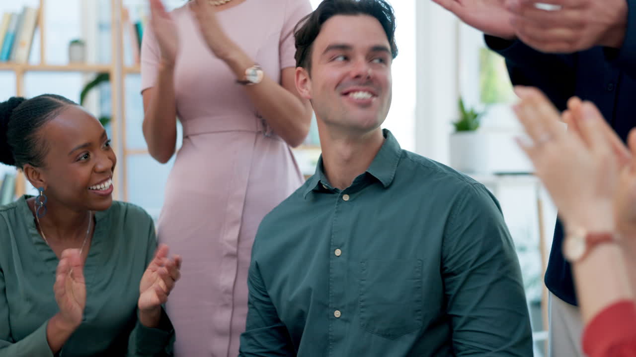 Applause, business people and man happy