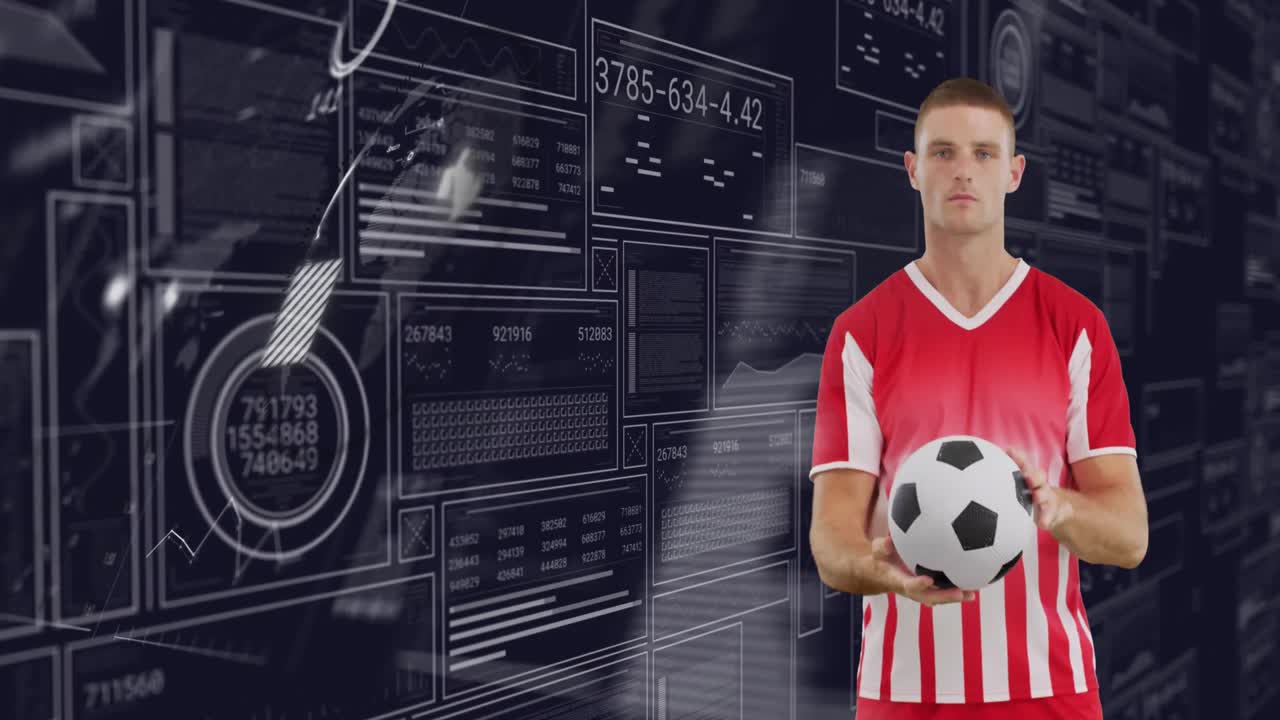 animación del procesamiento de datos sobre un jugador de fútbol caucásico