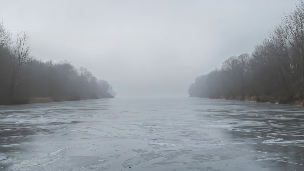 Opening cam showing frozen river stretching to foggy horizon in winter, with ice cracks, bare banks