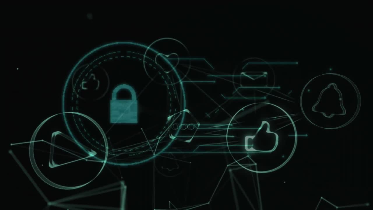Animation of network of connections with icons and padlock