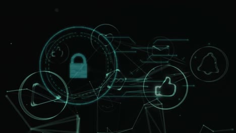 animation of network of connections with icons and padlock