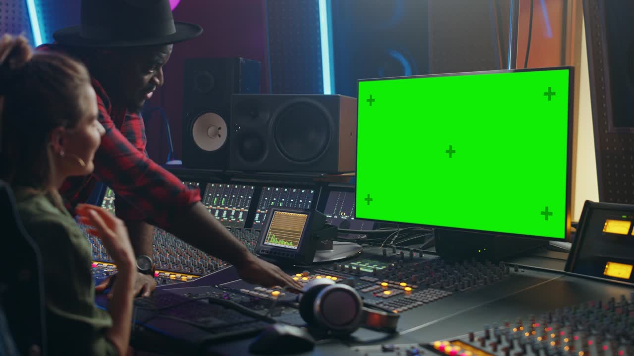 Producer and Audio Engineer Working together in Music Record Studio on a New Album, Use Green Screen Computer, Control Desk for Mixing and Creating Hit Song. Artist and Musician Collaboration