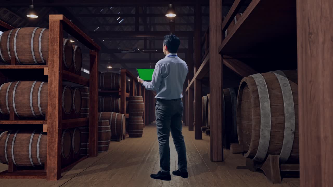 Full Body Back View Of An Asian Male Professional Worker Standing With Green Screen Tablet In Cellar Of Winery, Industrial Facility