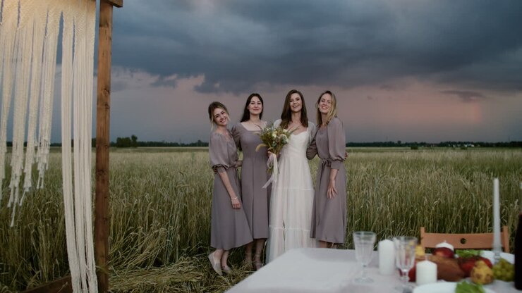 Bride posing with her bridesmaids