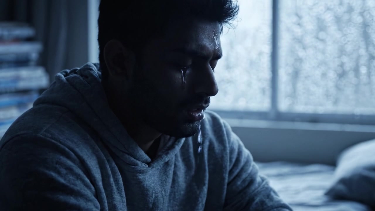 A Reflective Moment: A Contemplative Person Sits by the Rainy Window, Lost in Thoughts of Sadness and Reflection, Capturing Deep Emotional Vulnerability in a Still Frame.
