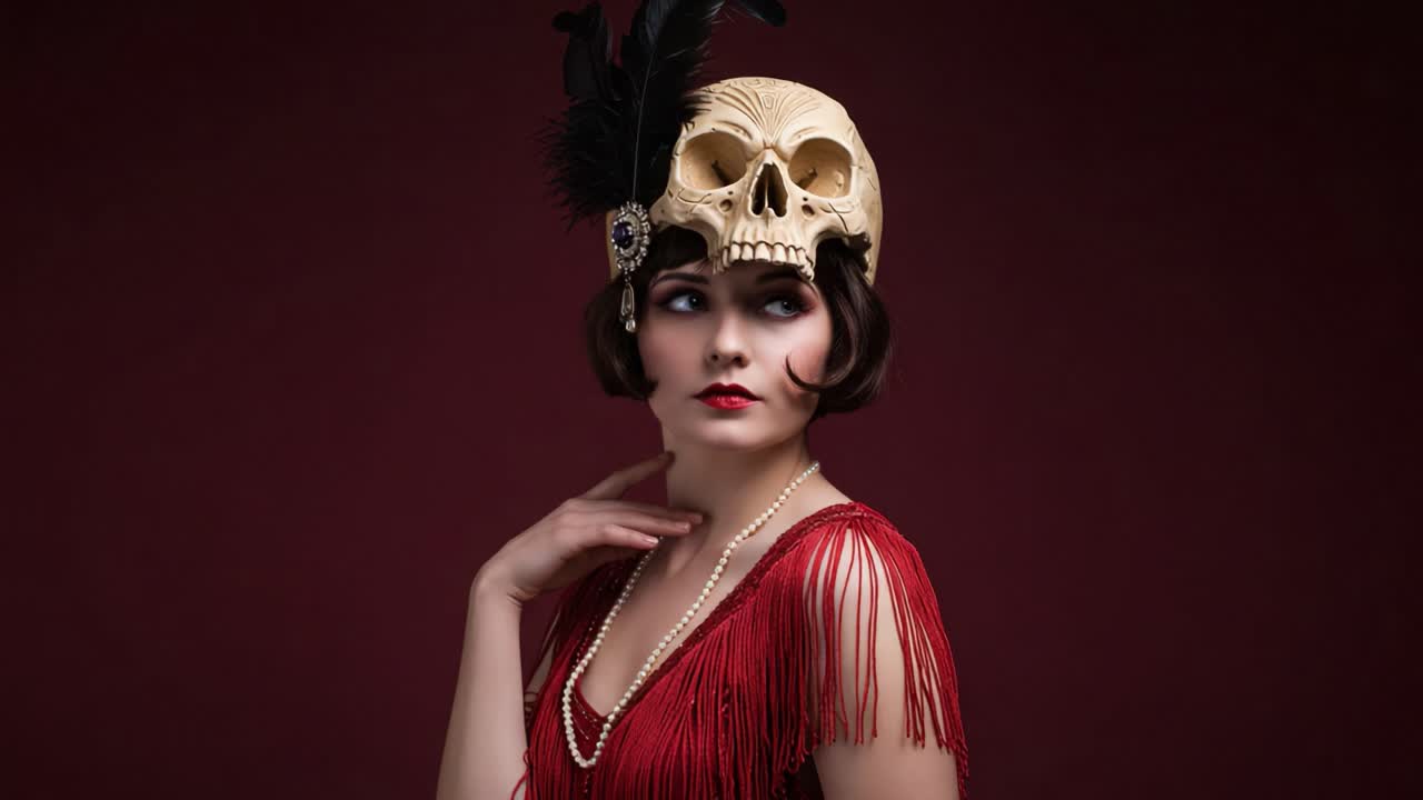 A Glamorous Woman in a Red Fringe Dress and Skull Headdress Poses Gracefully, Merging Elegance with a Touch of Edgy Mystery in an Ethereal Setting