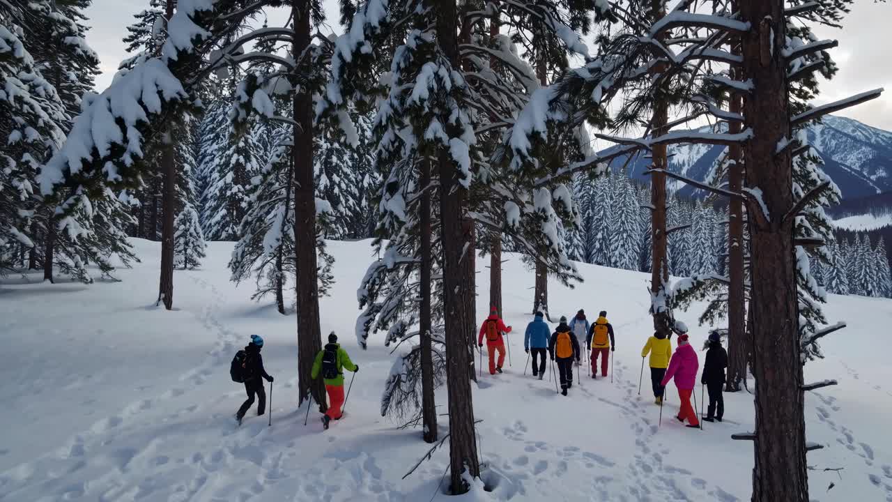 Aerial video captures a group hiking through a snowy forest