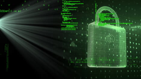 animation of online green security padlock with data processing in background