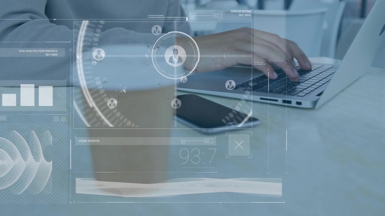 Animation of data processing over hands using laptop