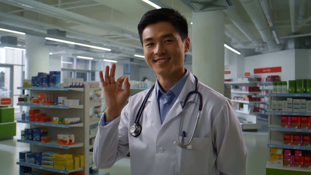Smiling Pharmacist or Doctor Gives OK Sign in Pharmacy