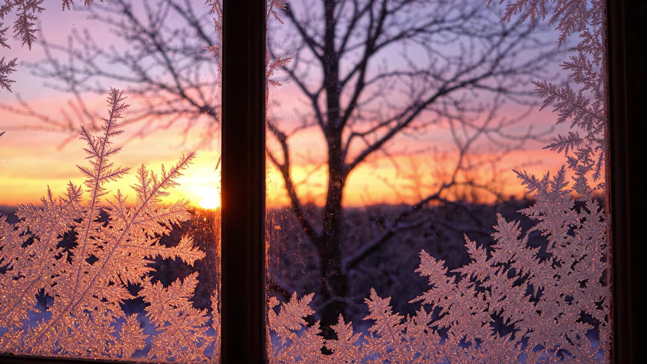 Um Deslumbrante Pôr do Sol de Inverno Emoldurado por Padrões de Gelo: Uma Bela Vista Através de uma Janela Exibindo as Criações Artísticas de Gelo da Natureza Contra um Céu Vibrante