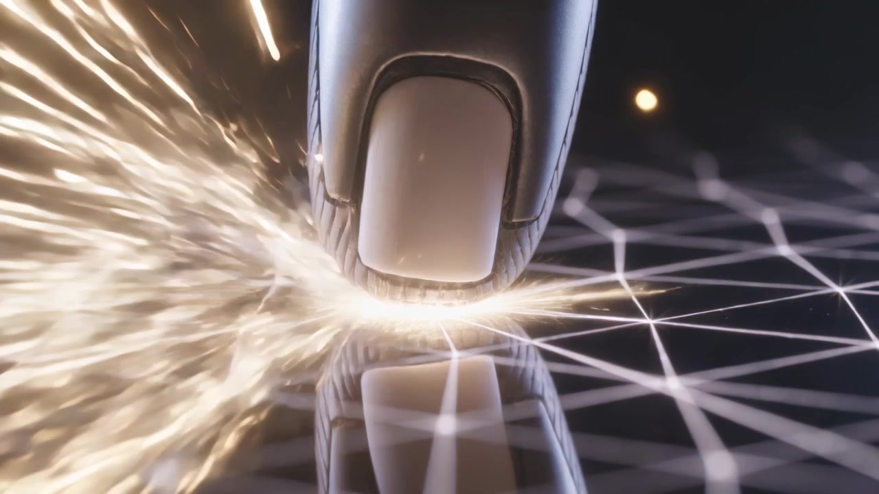 Lowering fingertip activating bright node, flaring and emitting sparks on glossy grid in studio