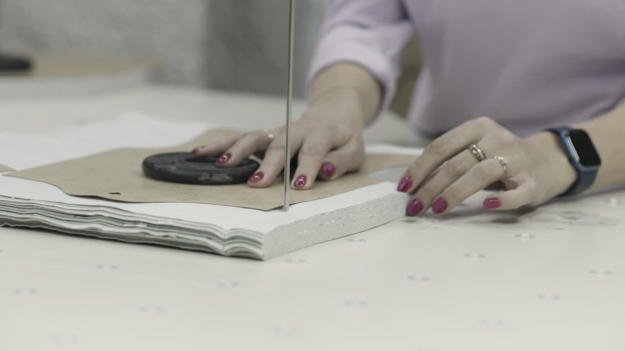 Woman using a machine to cut fabric patterns