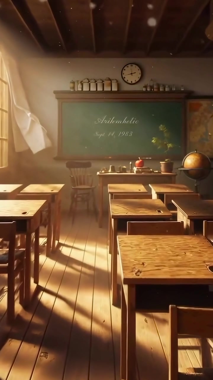 Empty Vintage Classroom with Sunlight Streaming Through Window