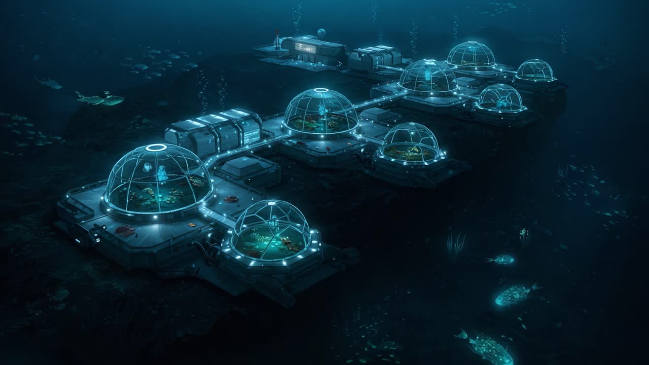 Exploring an Advanced Underwater Research Facility Surrounded by Diverse Marine Life and High-Tech Domes for Sustainable Living beneath the Ocean Surface