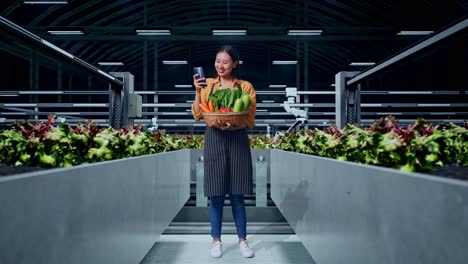 cuerpo lleno de agricultora asiática con canasta de verduras disfrutar usando el teléfono móvil mientras está de pie en la granja inteligente