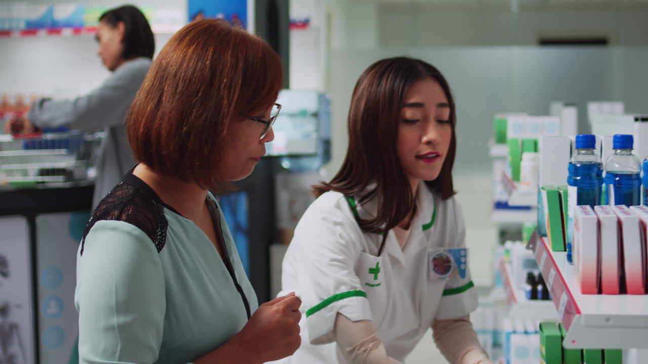 Pharmacy Scene with Customer and Pharmacist