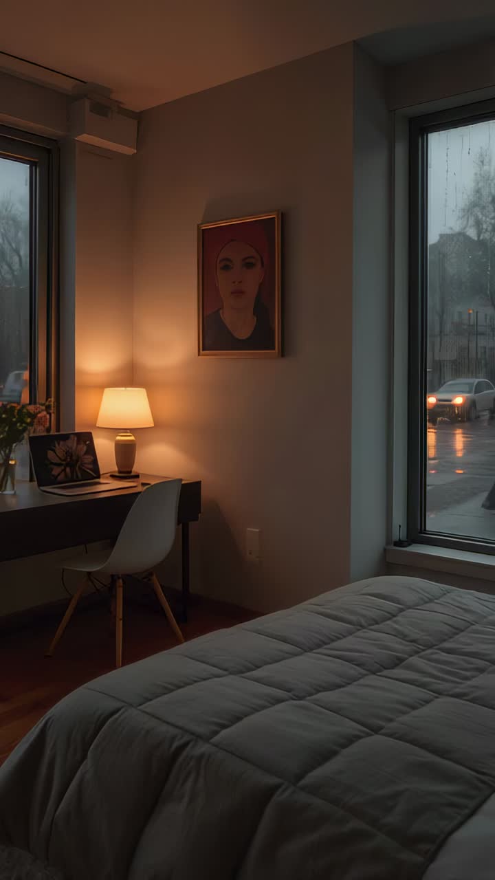 Vídeo vertical: dormitorio con colcha y lámpara que proyecta una luz cálida, reflejo de la luz de un coche que pasa