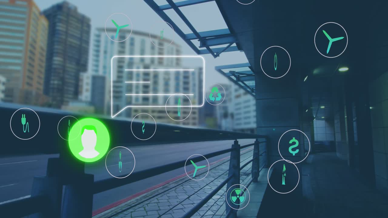 소셜 미디어 아이콘의 애니메이션과 도시 거리의 데이터 처리