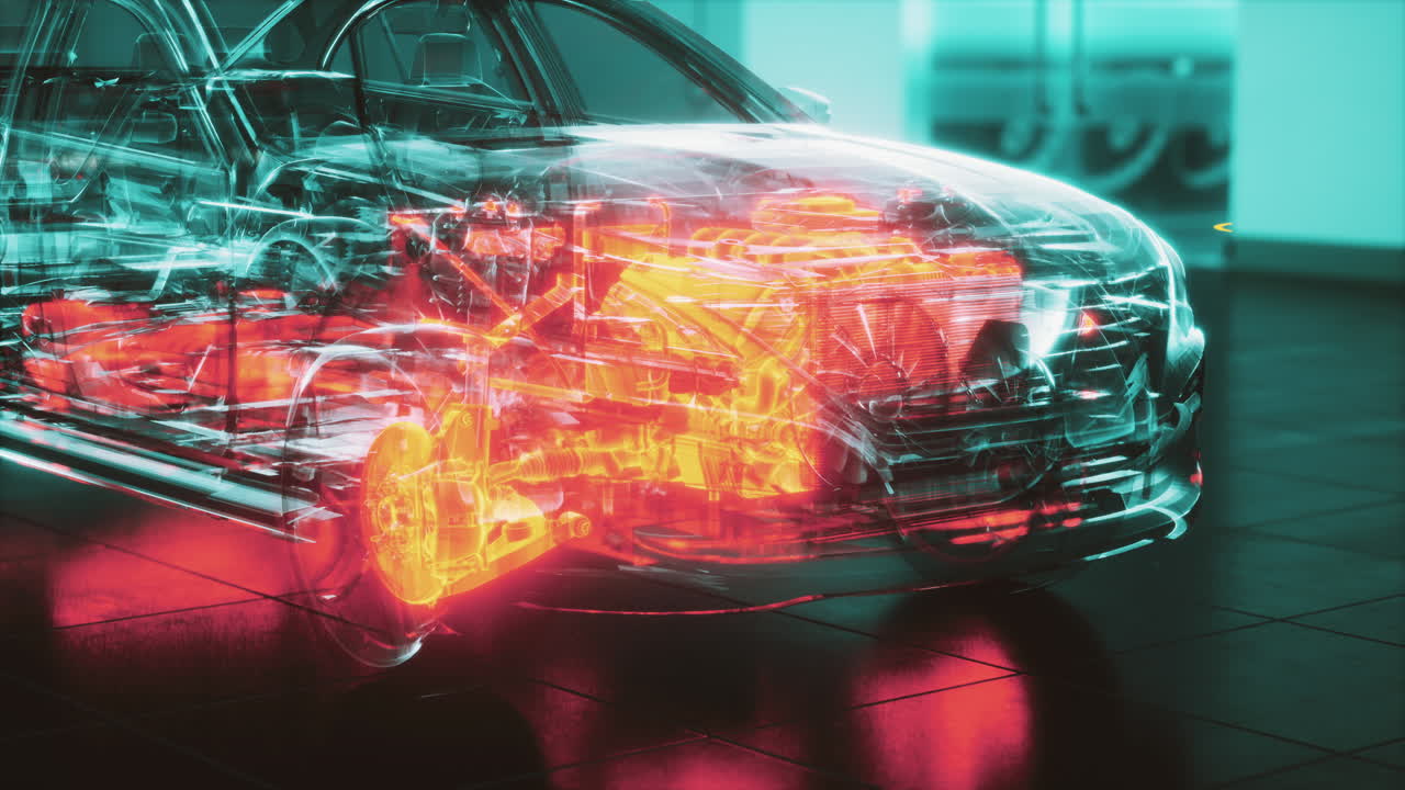 transparent car with engine in laboratory