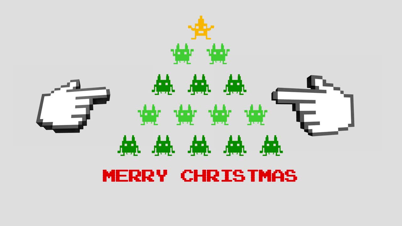 비디오 게임 크리스마스 트리와 손을 가리키는 메리 크리스마스 텍스트