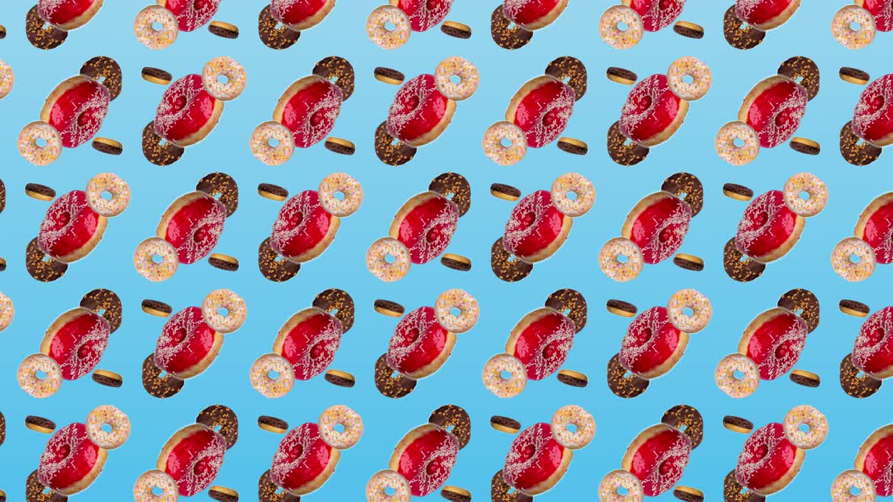 abstracto animación colorida - vista lateral diferentes rosquillas se mueven hacia arriba en círculo diagonalmente en fondo de gradiente azul - bucle sin costuras.