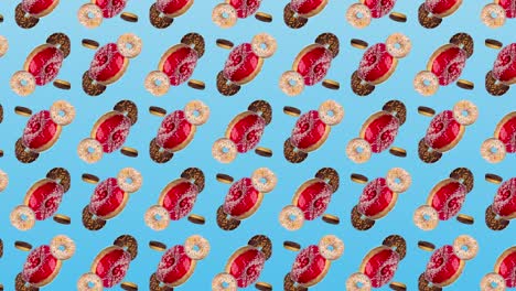 abstract colorful animation - side view different donuts move up circling diagonally on blue gradient background - seamless loop.