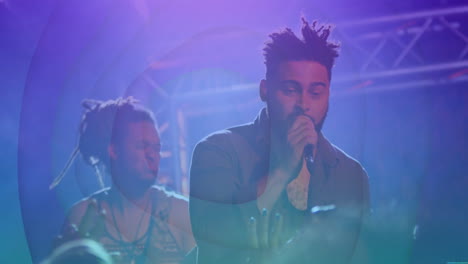bandmates performing on concert stage for entertainment, with animated music notes and mic icons