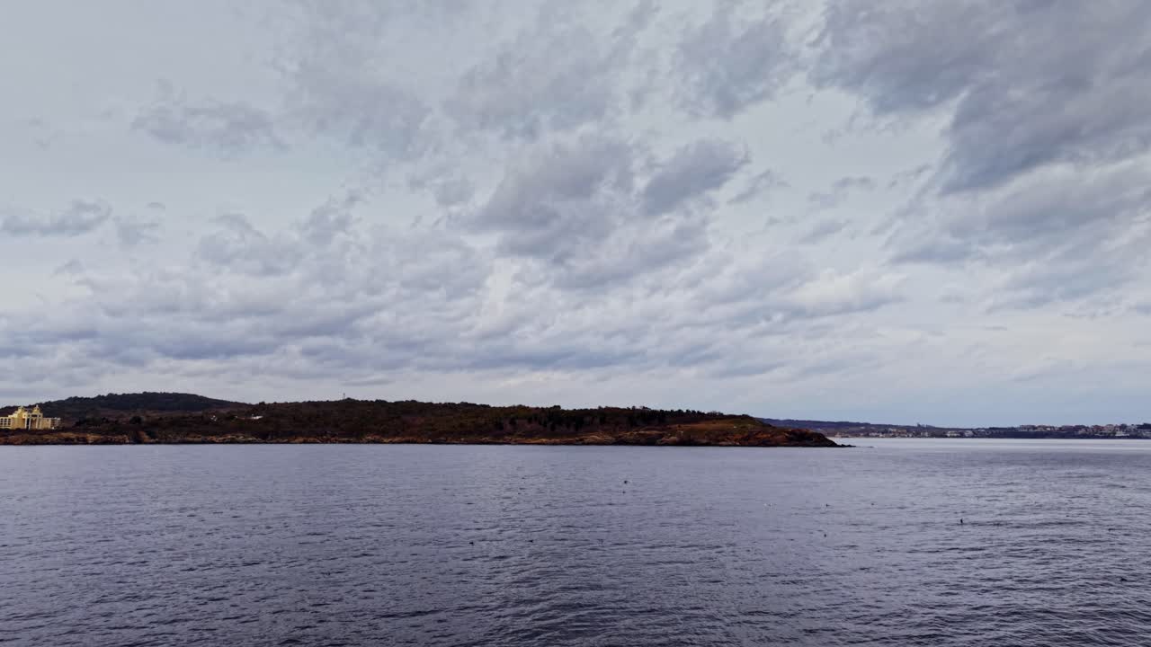 Aerial view of a coastal landscape in Bulgaria with cloudy skies