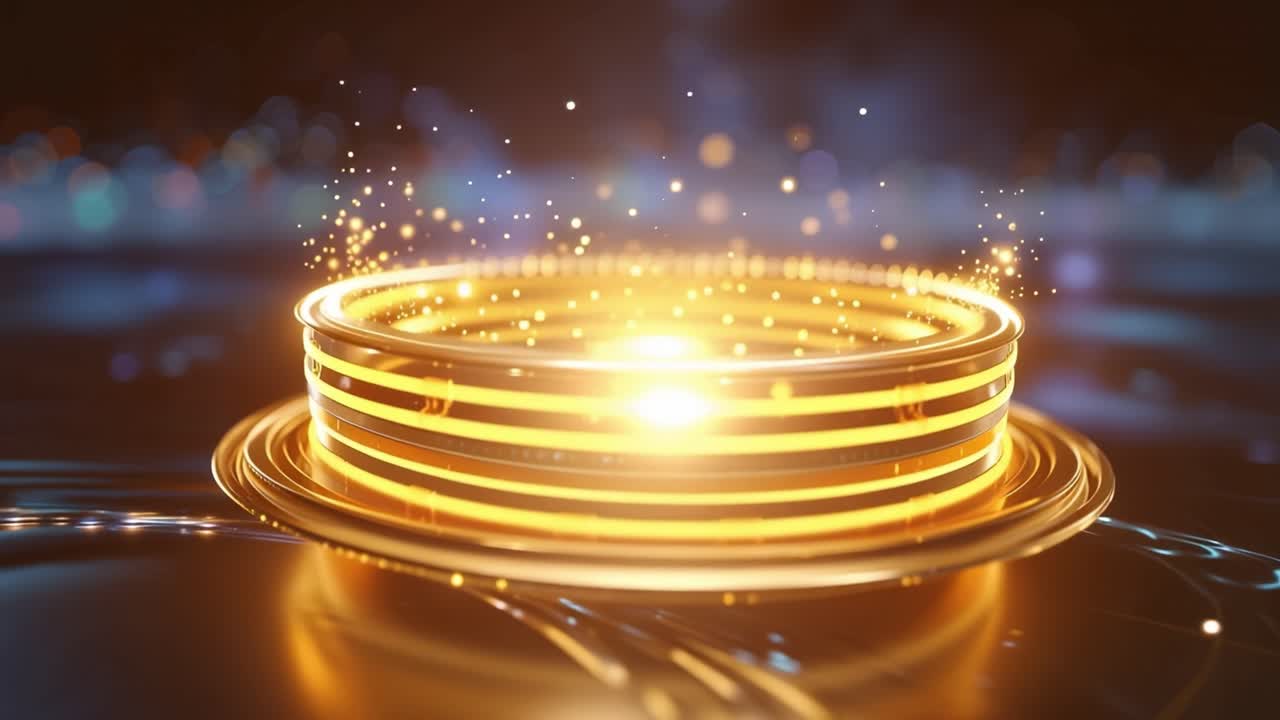 暗い背景に輝く粒子と光る金色のリング