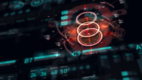 target pointer and futuristic user interface hud gui digital text number element for cyber technology concept with shallow depth of field dark and grain processed
