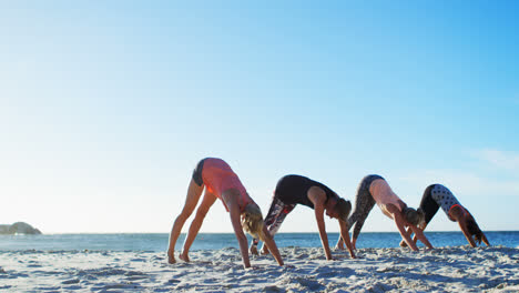 female volleyball players performing yoga in the beach 4k