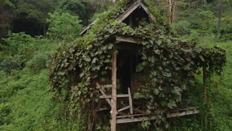 tiro ascendente de drones de bungalows tailandeses de madera de estilo antiguo que ha sido tomado por la jungla que ahora está abandonada y sin usar debido a los efectos de la pandemia en los viajes y el turismo
