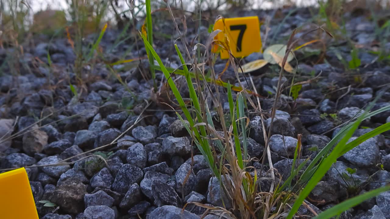 Low angle tracking glides closely over beach gravel ground with blades of grass passing crime scene evidence markers placed beside bullet cartridges and Bitcoins at seaside dim light in shallow depth