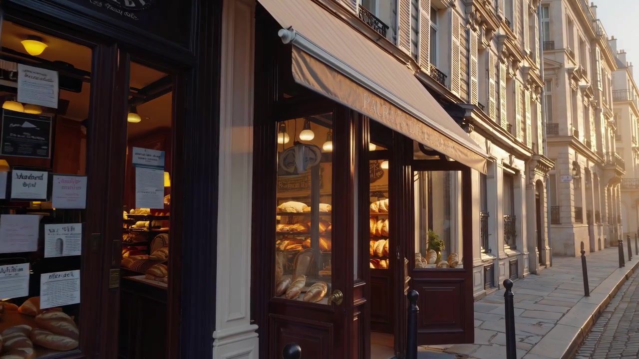 Esterno di una panetteria francese tradizionale a Parigi all'alba