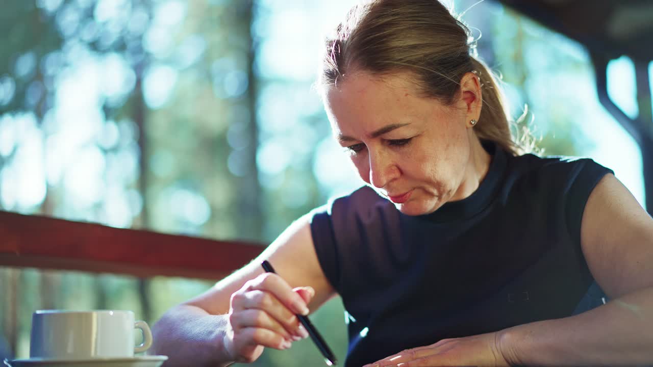 Donna che lavora all'aperto con un caffè