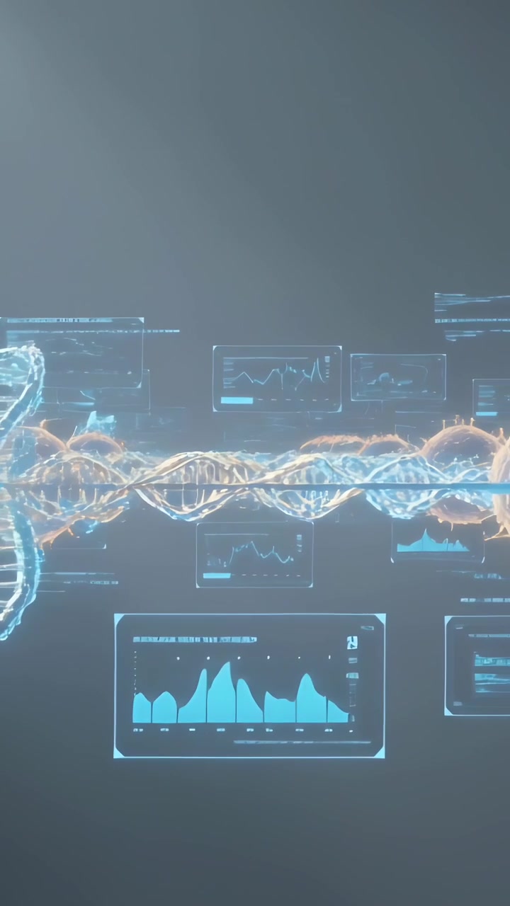 Vertical video: Incoming data feed starting DNA helix hologram pulsing, updating HUD panels in lab