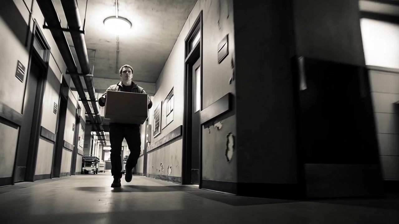 Un uomo cammina dall'estremità del corridoio, trasportando una scatola di cartone lungo il corridoio dell'ospedale, per trasportare forniture.