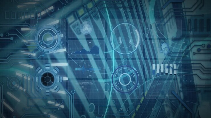 Composition of scopes scanning and digital data processing on blue background