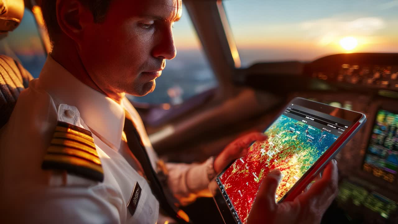 In the Cockpit: A Pilot Analyzing Flight Data on a Tablet While Overseeing Scenic Sunset Views from the Aircraft Window
