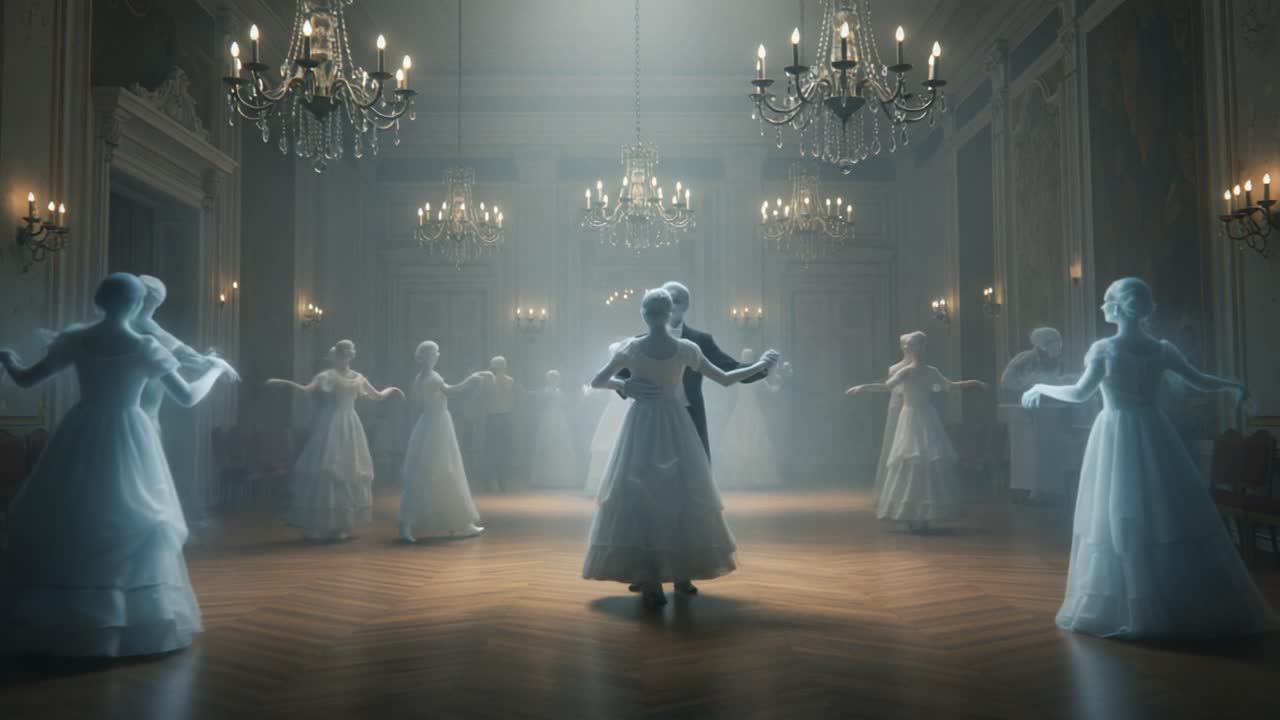 A Majestic Dance of Elegance and Grace: Enchanted Figures in White Gowns Twirl in a Mysterious Ballroom Illuminated by Chandelier Light