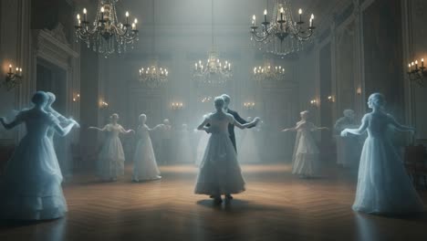 a majestic dance of elegance and grace: enchanted figures in white gowns twirl in a mysterious ballroom illuminated by chandelier light