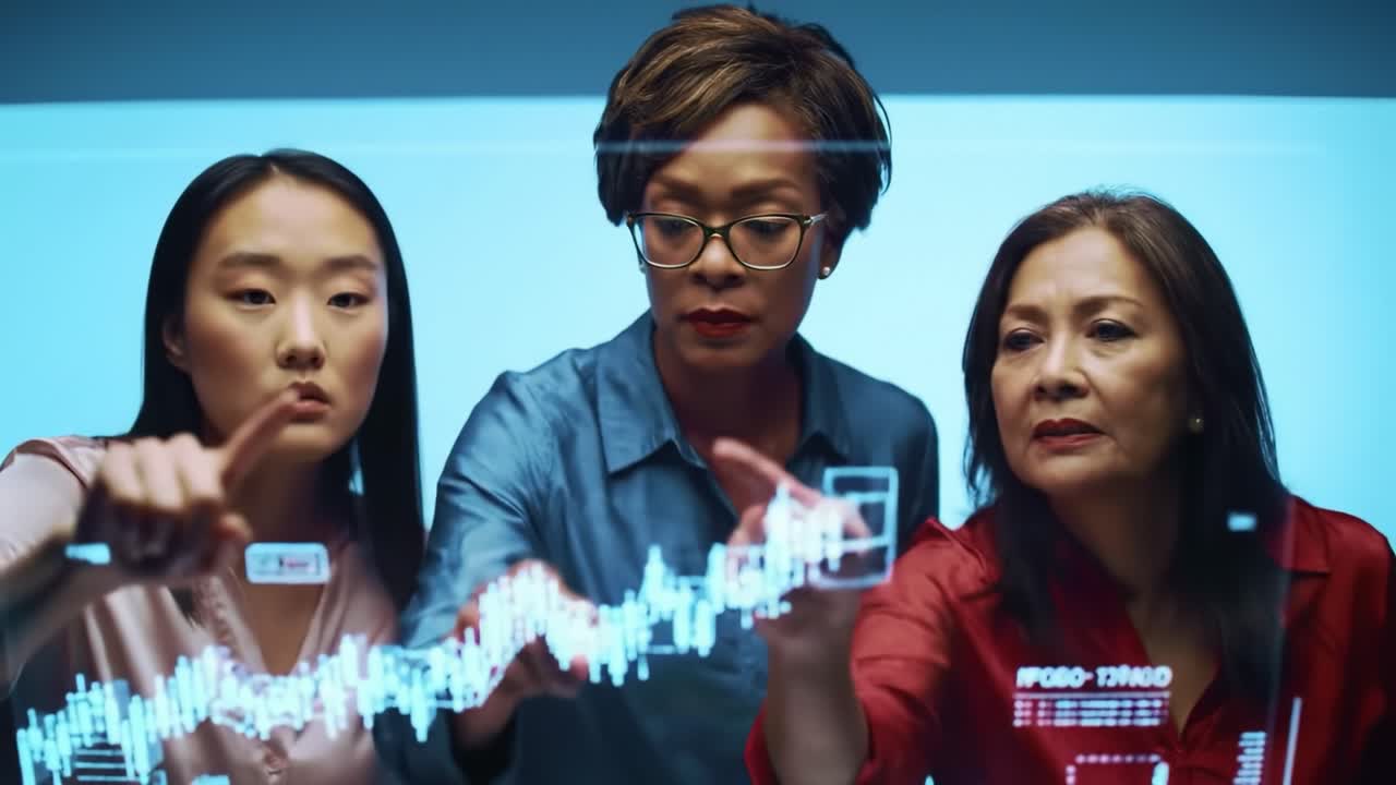 In a contemporary office, three women focus on a digital display, reviewing important data and graphs. Their expressions show determination as they collaborate on analysis.