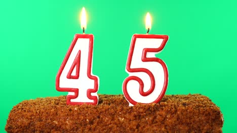 cake with the number 45 lighted candle. chroma key. green screen. isolated