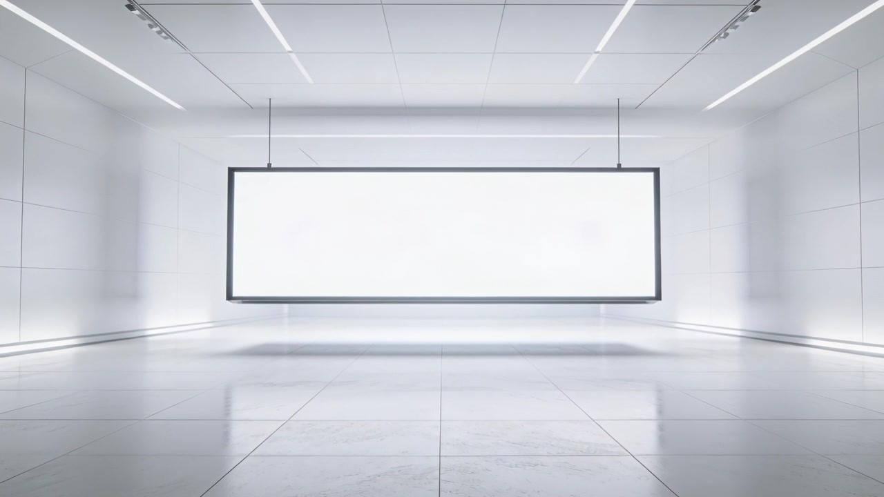 Recording starting, camera filming suspended panel centered in gallery for showcase, showing cables