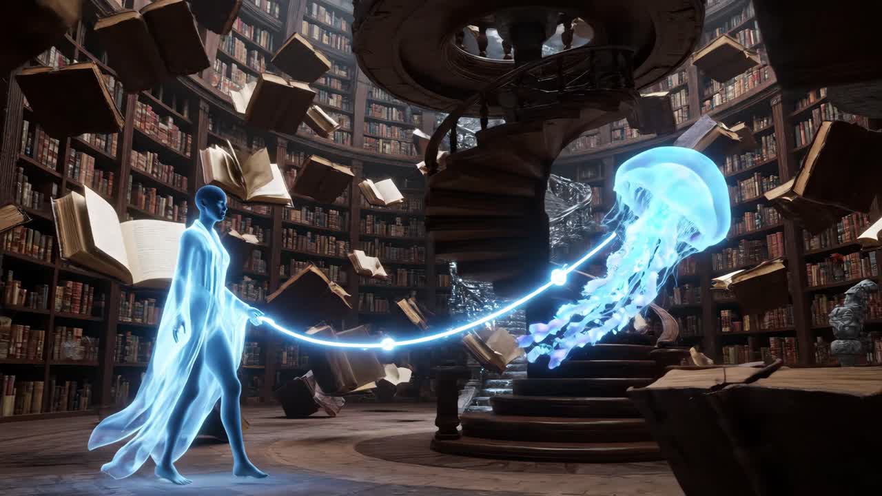 A Mystical Library with Floating Books and Ethereal Spirits