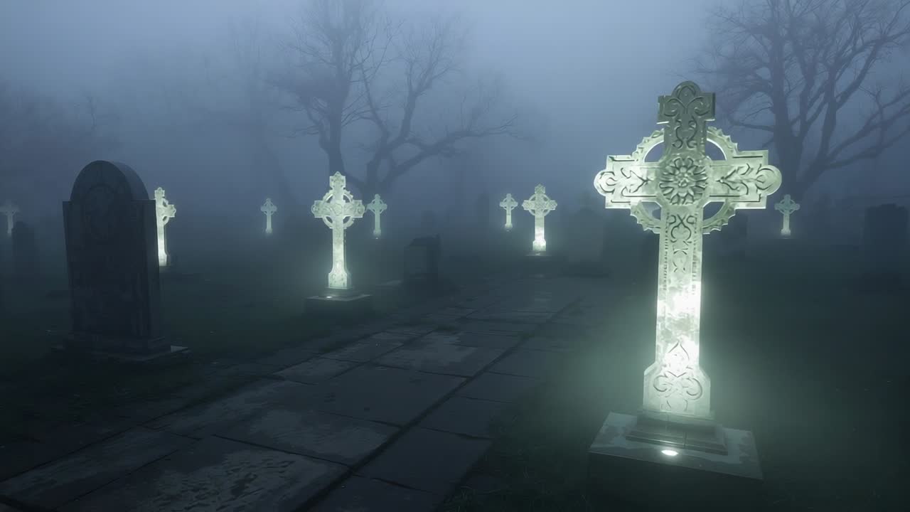 Pulling back camera revealing lit Celtic cross at graveyard path, showing foggy crosses, copy space