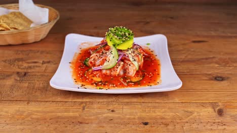 close-up of aguachile dish served on the table in a quick way