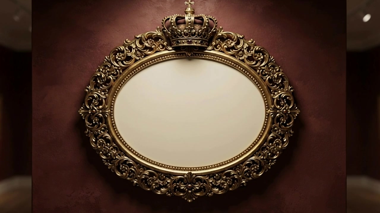 Telecamera che zooma e si muove verso una cornice ovale dorata in una galleria, mostrando una corona e un pannello color crema